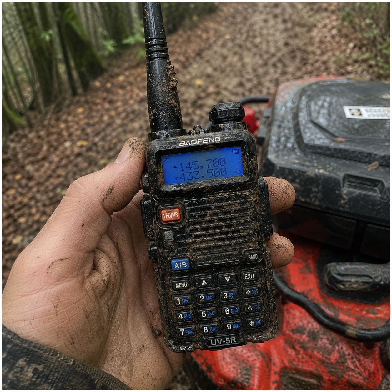 Mud-splattered Baofeng UV-5R on the trail