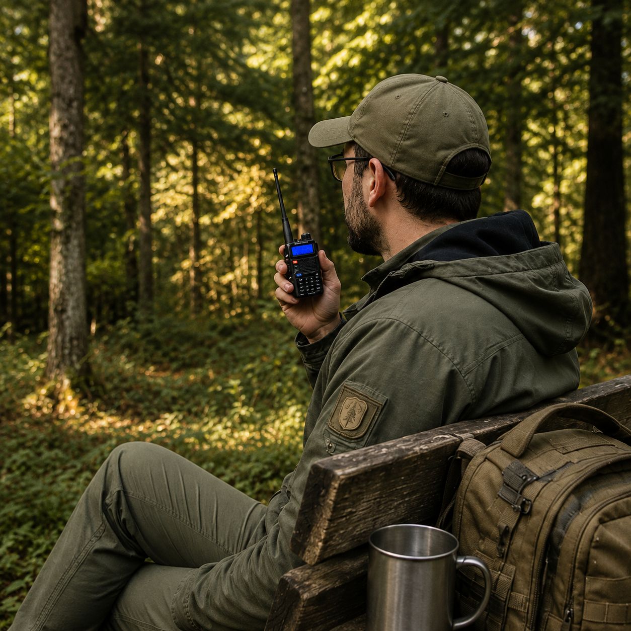 Operator making a contact on a Baofeng out in the forest